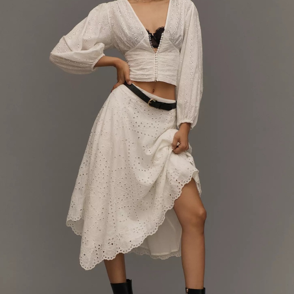 By Anthropologie EYELET ASYMMETRICAL MIDI SKIRT in Ivory